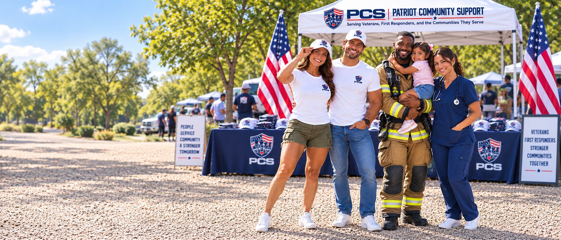 Volunteers, a firefighter with his daughter, and a nurse standing together at a Patriot Community Support event
